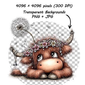 May include: A whimsical illustration of a Highland cow with a flower crown and a dandelion. The cow has large, expressive eyes and a fluffy brown coat. The image includes the text "4096 x 4096 pixels (300 DPI) Transparent Backgrounds PNG + JPG".