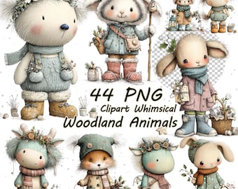 May include: A collection of whimsical woodland animal clip art in PNG format. The illustrations feature various animals, including bears, rabbits, and foxes, dressed in winter attire. The animals are adorned with scarves, hats, and coats, and some are holding gifts or carrying baskets.
