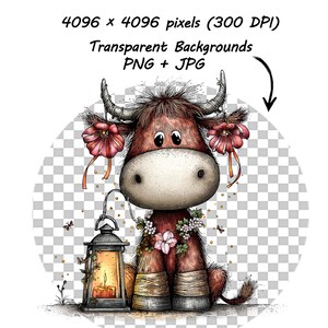 May include: A whimsical illustration of a Highland cow with large eyes, adorned with flowers and a lantern. The cow is brown with a light-colored face and wears a floral garland. The lantern has a lit candle inside. Text on the image reads: "4096 x 4096 pixels (300 DPI) Transparent Backgrounds PNG + JPG".