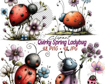 Puede incluir: Un conjunto de imágenes prediseñadas digitales con mariquitas caprichosas con caparazones con lunares rojos y naranjas, rodeadas de flores y vegetación coloridas. El texto "Quirky Spring Ladybug" está incluido.