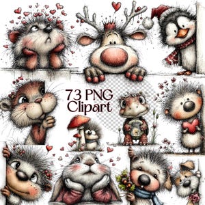 Può includere: Una collezione di clipart di animali stravaganti, tra cui un riccio, una renna e un pinguino. Ogni personaggio ha uno stile affascinante, disegnato a mano, con colori tenui e accenti a forma di cuore. È incluso anche il testo "73 PNG Clipart".