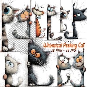 May include: A set of cartoon cat illustrations. The cats, in diverse colours and patterns, are shown peeking from behind a white border. The image includes the text "Whimsical Peeking Cat" and the number of files included.