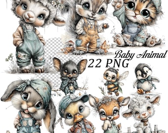 May include: A collection of 22 PNG images featuring adorable baby animals. The illustrations include a lamb, squirrel, kitten, bunny, bat, bee, penguin, duck, deer, and another lamb, all in charming outfits. The words "Baby Animal" and "22 PNG" are also visible.
