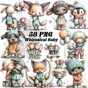 Puede incluir: Una colección de ilustraciones de animales bebés caprichosos. La imagen presenta varios animales, incluyendo un conejo, un zorro, una oveja, un pingüino y un perro, todos con trajes adorables. El texto "58 PNG Whimsical Baby" se muestra de forma destacada.
