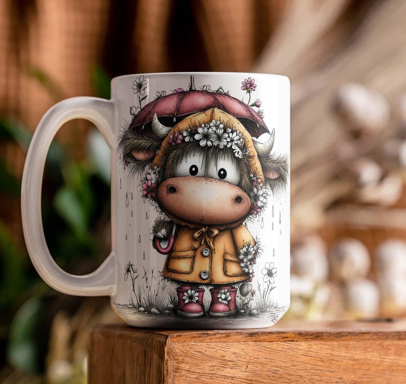 May include: White ceramic mug featuring a cartoon cow in a yellow raincoat and pink boots, holding a red umbrella. The cow is adorned with flowers and stands in a field of daisies. The mug has a large, curved handle.