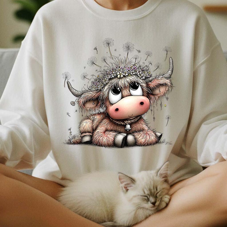 May include: A white sweatshirt featuring a cartoon illustration of a Highland cow with a flower crown and a bell around its neck. The cow is light brown and pink, with large eyes. A sleeping white cat rests in the foreground.