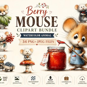 May include: A digital clipart bundle featuring watercolor illustrations of mice with berries, mushrooms, and jam jars. The text reads Berry Mouse Clipart Bundle, Watercolor Animal, 34 PNG+JPEG Files, 300 DPI, High Resolution, Transparent PNG, Instant Download, Commercial Use, Digital Download.