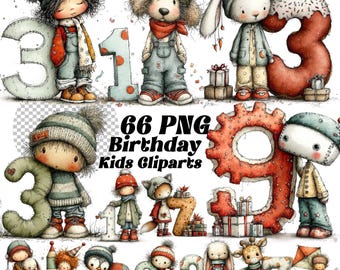 Può includere: Una collezione di immagini clipart di compleanno in stile acquerello con adorabili personaggi dei cartoni animati e numeri. I personaggi indossano abiti invernali e i numeri sono decorati con disegni festosi. È incluso anche il testo "66 PNG Birthday Kids Cliparts".