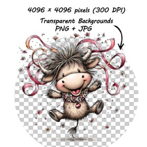 May include: A whimsical cartoon illustration of a smiling cow with a floral necklace and pink ribbons. The cow has fluffy brown fur, large eyes, and is surrounded by small flowers. Text at the top reads "4096 x 4096 pixels (300 DPI) Transparent Backgrounds PNG + JPG."