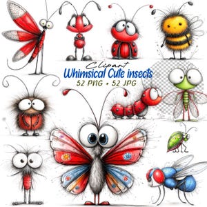 Puede incluir: Ilustraciones de insectos de estilo caricatura, con colores brillantes y rasgos exagerados. Incluye una libélula, una mariquita, una abeja y una mariposa. El texto dice "Clipart Whimsical Cute insects 52 PNG + 52 JPG."