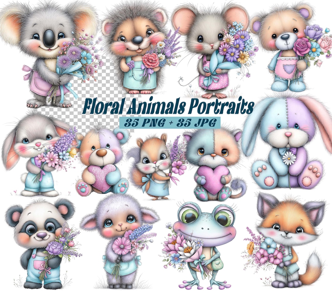 35 Floral Animal Clipart PNG Whimsical Farm Animals Dogs Highland Cow ...