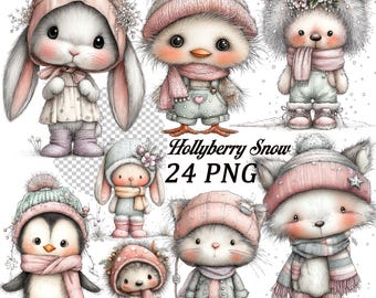 24  Winter Forest Animals Clipart, Hollyberry Snow PNG Set (Digital Download)