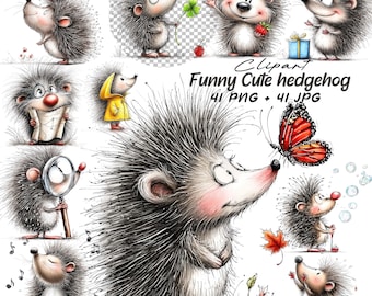 May include: A collection of whimsical illustrations featuring cartoon hedgehogs in various poses. Some hedgehogs hold a four-leaf clover, a strawberry, and a gift. The image includes the text "Funny Cute hedgehog 41 PNG + 41 JPG."