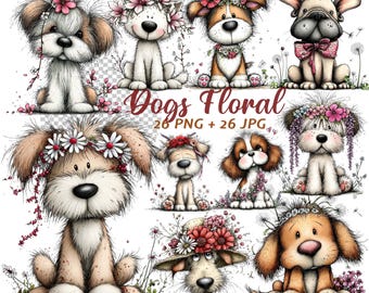 26 whimsical floral dogs clipart PNG spring nursery safari animals cartoon graphics (Digital Download)