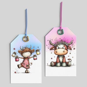 May include: Two gift tags with cartoon cow illustrations. One tag features a cow-like character in a red and white checkered dress, holding jars. The other tag shows a seated cow with a floral crown. Both tags have a gradient background and a string.