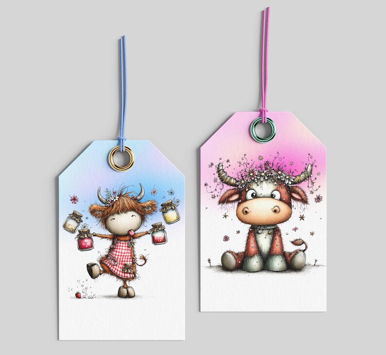 May include: Two gift tags with cartoon cow illustrations. One tag features a cow-like character in a red and white checkered dress, holding jars. The other tag shows a seated cow with a floral crown. Both tags have a gradient background and a string.