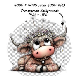 May include: A whimsical illustration of a Highland cow with large, expressive eyes and a pink nose. The cow is adorned with a floral crown and a bell around its neck. The image includes the text "4096 x 4096 pixels (300 DPI) Transparent Backgrounds PNG + JPG".