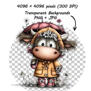 May include: A whimsical illustration of a cow wearing a yellow raincoat, pink boots, and a floral crown, holding a pink umbrella. The cow has large eyes and is surrounded by flowers and raindrops. The image includes the text "Transparent Backgrounds PNG + JPG".