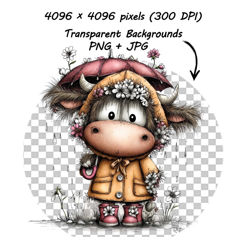 May include: A whimsical illustration of a cow wearing a yellow raincoat, pink boots, and a floral crown, holding a pink umbrella. The cow has large eyes and is surrounded by flowers and raindrops. The image includes the text "Transparent Backgrounds PNG + JPG".