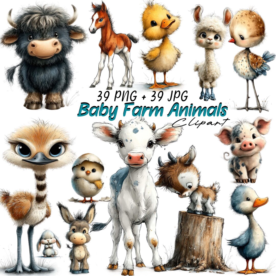 Baby Farm Animals Watercolor Clipart Baby Shower Birthday Party Nursery ...