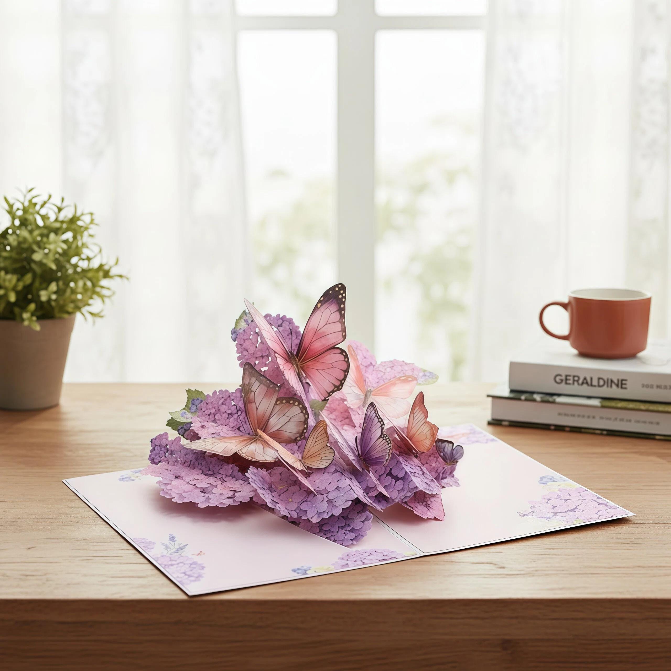 3D Floral Butterfly Card — Purple Hydrangea Pop up Greeting Card, Paper ...