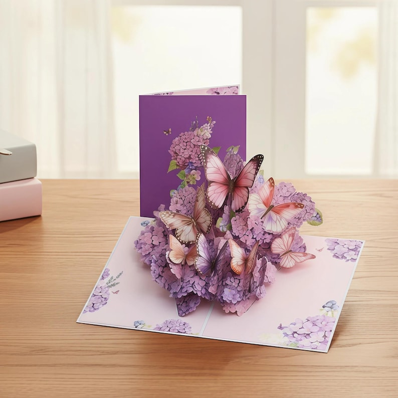 3D Floral Butterfly Card — Purple Hydrangea Pop up Greeting Card, Paper ...