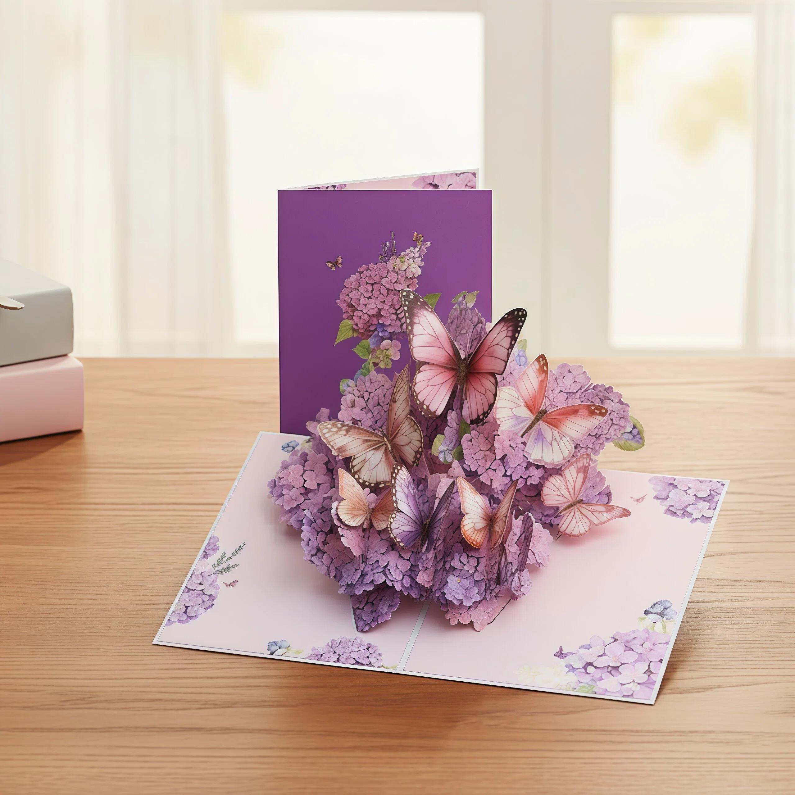 3D Floral Butterfly Card — Purple Hydrangea Pop up Greeting Card, Paper ...