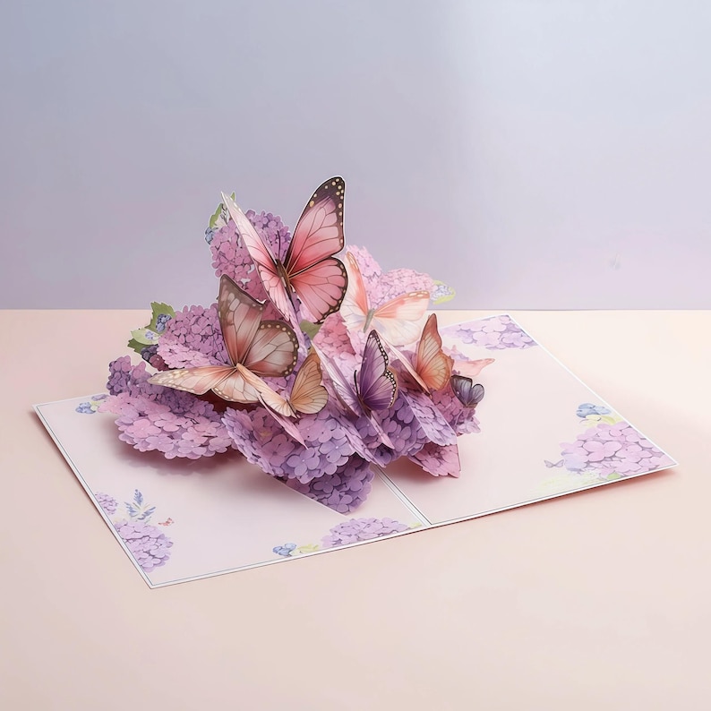 3D Floral Butterfly Card — Purple Hydrangea Pop up Greeting Card, Paper ...
