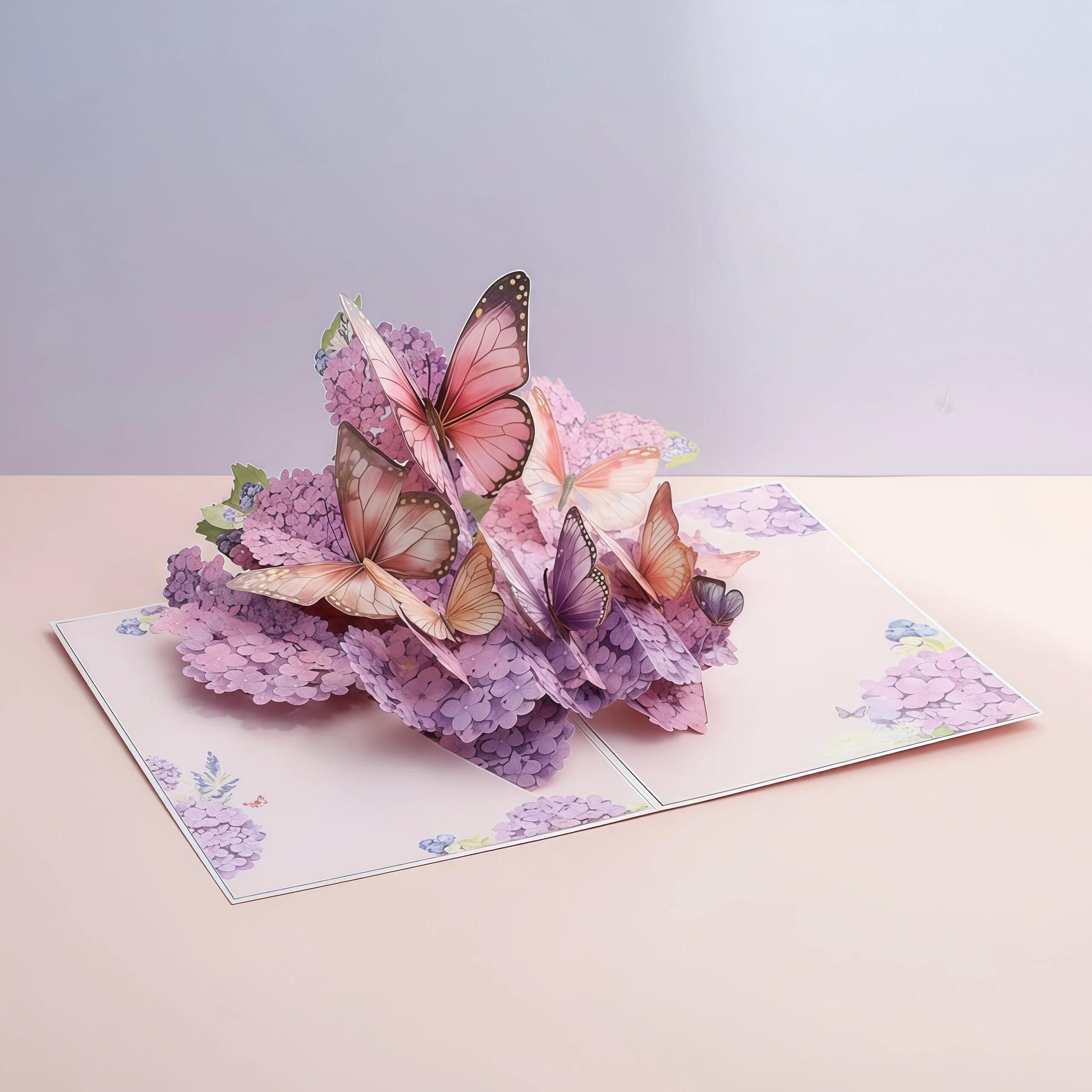 3D Floral Butterfly Card — Purple Hydrangea Pop up Greeting Card, Paper ...