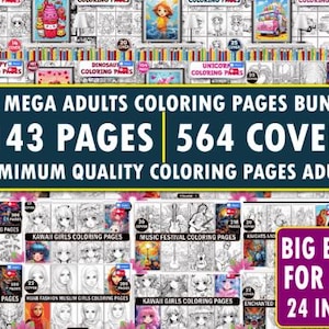May include: A collection of adult coloring pages bundles. The image features a large banner that reads "BIG MEGA ADULTS COLORING PAGES BUNDLE" with the details "4143 PAGES 564 COVERS". There are various coloring book covers visible.