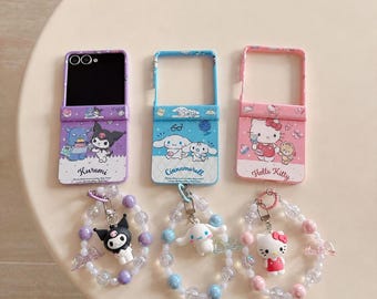 Cute Cartoon Character Phone Case for Samsung Galaxy Z Flip 6 Z Flip 5 Z Flip 7, Pastel Aesthetic Cover with Beaded Charm Strap, Kawaii Gift