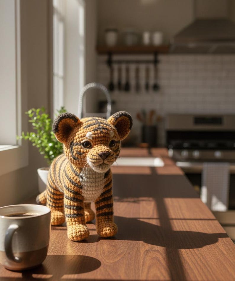 May include: A crocheted tiger cub with orange and black stripes, standing on a wooden surface. The handmade toy has detailed features, including a white muzzle and dark brown ears. A coffee mug sits nearby, suggesting a cozy setting.