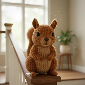 Peut inclure: Un écureuil crocheté à la main, dans des tons bruns et beiges, est posé sur une surface en bois. L'écureuil a de grands yeux sombres et une queue touffue. Cette sculpture souple est un charmant objet de décoration.