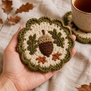 Puede incluir: Un posavasos hecho a mano, de ganchillo, con un diseño de bellota y hojas. El posavasos tiene un borde festoneado y es principalmente crema, marrón y verde. Una taza de té está en el fondo. El posavasos tiene aproximadamente 10 cm de diámetro.