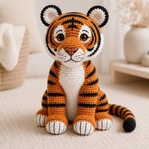 Virkmönster för amigurumitigrar i PDF-format, gosedjur för safarigringar, handledning för djungelbarnrumsplysch