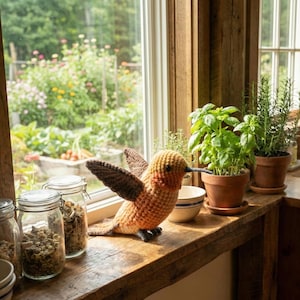 May include: A handmade, crocheted hummingbird with brown wings and orange and yellow body. The bird sits on a wooden windowsill next to glass jars, a small bowl, and potted herbs. A garden is visible through the window.
