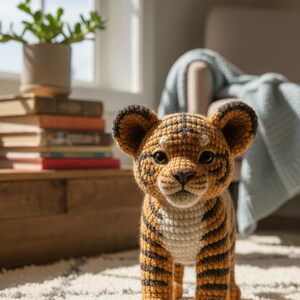 May include: A handcrafted crochet tiger cub with orange and black stripes, standing on a white rug. The tiger has large, dark eyes and a white belly. The background includes a window, books, and a light blue blanket.