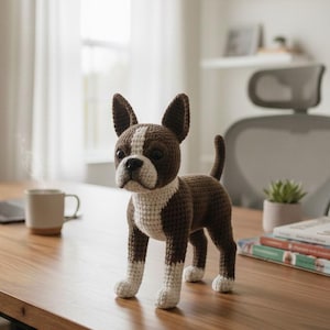 May include: A crocheted dog figurine in brown and white, resembling a Boston Terrier. The handmade dog has a white chest, paws, and face markings, with brown ears and body. It stands on a wooden table, showcasing the detailed craftsmanship.