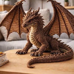 Puede incluir: Un dragón de ganchillo hecho a mano en tonos marrones, con alas extendidas y escamas detalladas. El dragón tiene ojos naranjas y está posado sobre una mesa de madera. Las alas están extendidas, mostrando el intrincado trabajo de ganchillo.
