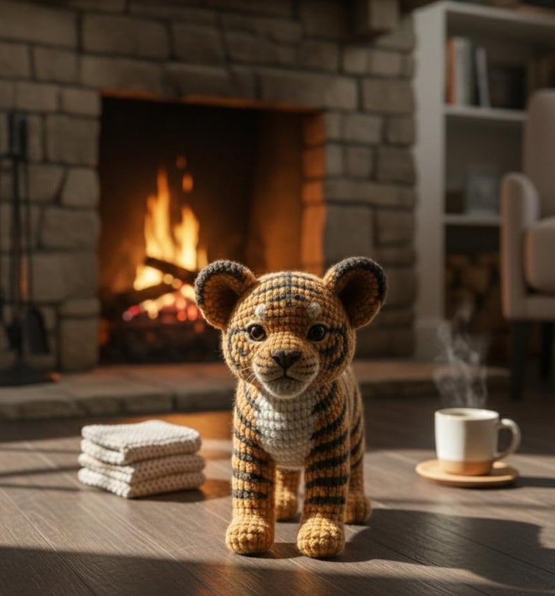 May include: A crocheted tiger cub with brown and black stripes stands on a wooden floor. The handmade animal has large ears and a friendly expression. A stack of beige coasters and a cup of coffee sit nearby, with a fireplace in the background.