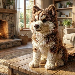 May include: A handcrafted crochet dog with brown and cream-colored yarn sits on a wooden table. The dog has a fluffy texture and is positioned in a cozy living room setting with a fireplace and a window.