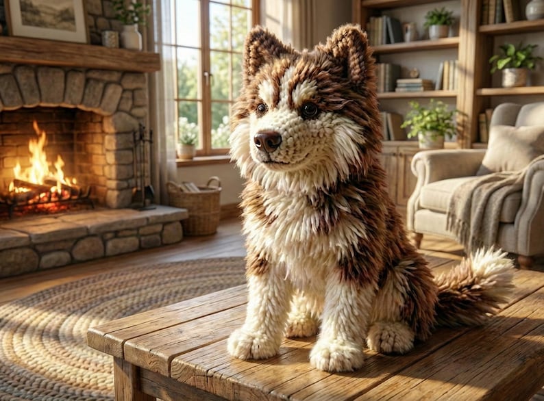 May include: A handcrafted crochet dog with brown and cream-colored yarn sits on a wooden table. The dog has a fluffy texture and is positioned in a cozy living room setting with a fireplace and a window.
