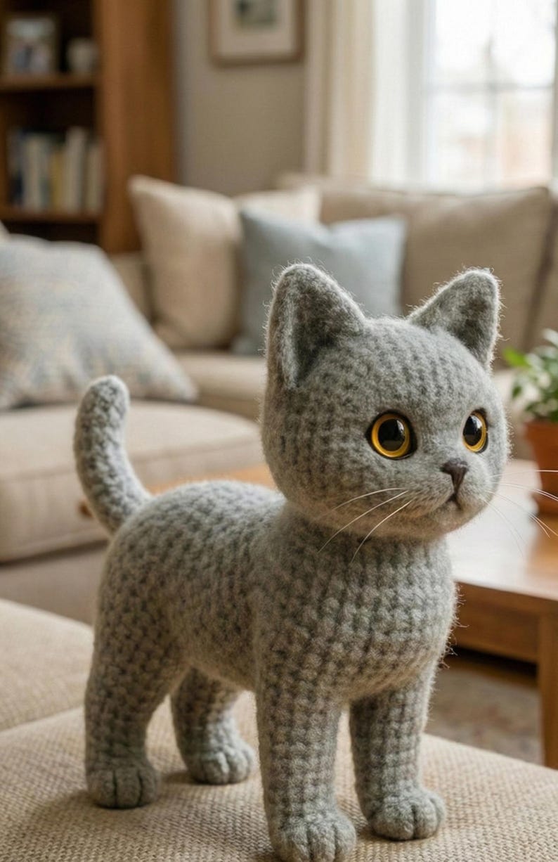 Realistic Brown Cat Amigurumi Pattern • Brushable Yarn Kitty Tutorial • Curly Yarn Crochet Toy image 1