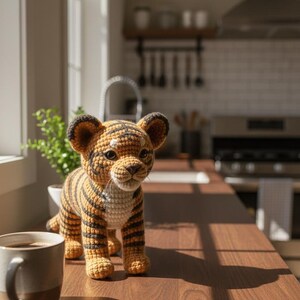 May include: A crocheted tiger cub with orange and black stripes, standing on a wooden surface. The handmade toy has detailed features, including dark brown ears and a white muzzle. A coffee mug sits nearby, and a small plant is in the background.