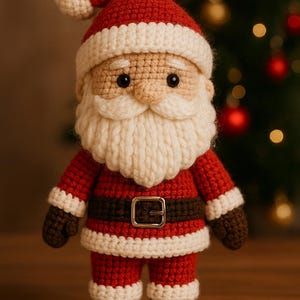 Puede incluir: Figura de Papá Noel tejida a ganchillo, con traje rojo con ribetes blancos, cinturón marrón con hebilla plateada y barba blanca. Tiene un gorro rojo con pompón blanco y ojos negros. Fondo borroso con luces de árbol de Navidad.