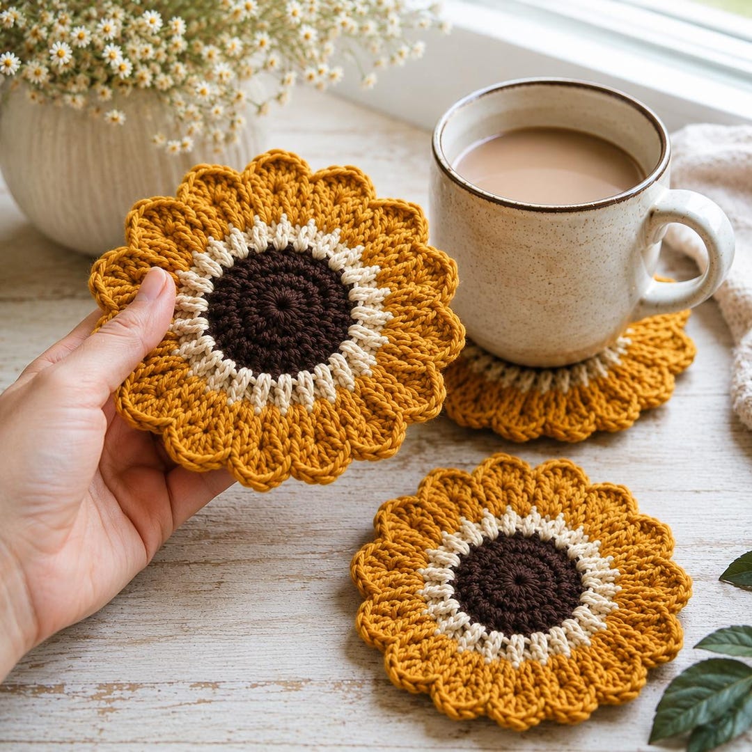 Sunflower Coaster Crochet Pattern PDF, Floral Mug Rug, Summer Table ...