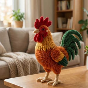 Patrón de gallo amigurumi realista en PDF • Tutorial de peluche de pollo a crochet • Animal de granja suave DIY • Decoración de pájaro de peluche