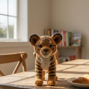 May include: A handmade crochet tiger cub with orange and black stripes, standing on a wooden table. The tiger has large, round ears and a detailed face. A plate with croissants is in the background.