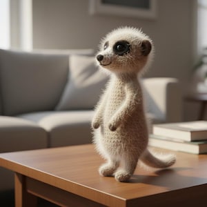 Op de afbeelding: Een handgemaakt, lichtbruin stokstaartje pluche speelgoed met een glimlachende uitdrukking, staand op een houten tafel. Het stokstaartje heeft donkere ogen en een kleine staart. De achtergrond omvat een bank, boeken en een raam.