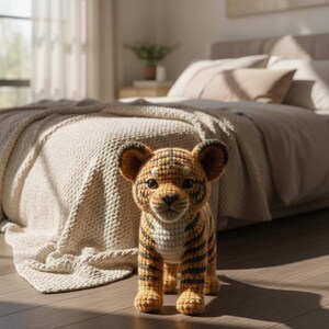May include: A crocheted tiger cub with orange and black stripes, brown ears, and a white belly. The handmade stuffed animal is standing on a wooden floor in front of a bed with a beige blanket.